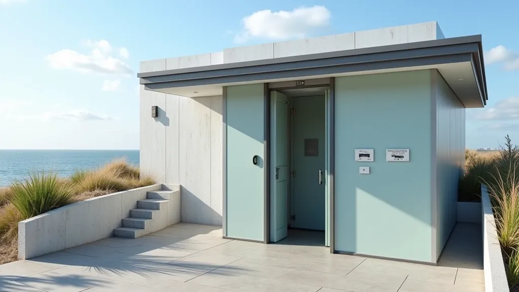 Clean public toilet facilities with accessible signage and modern design near a seaside promenade