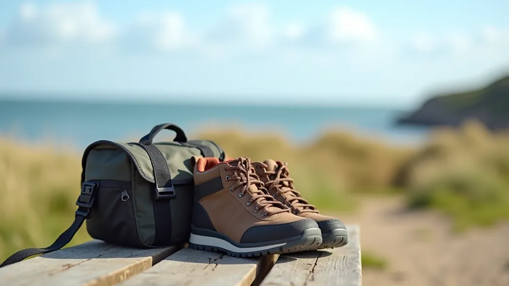 Comfortable walking shoes and a small backpack on a wooden bench overlooking the sea