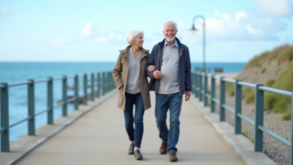 Senior couple walking together on a scenic coastal promenade path with ocean views and clear sky