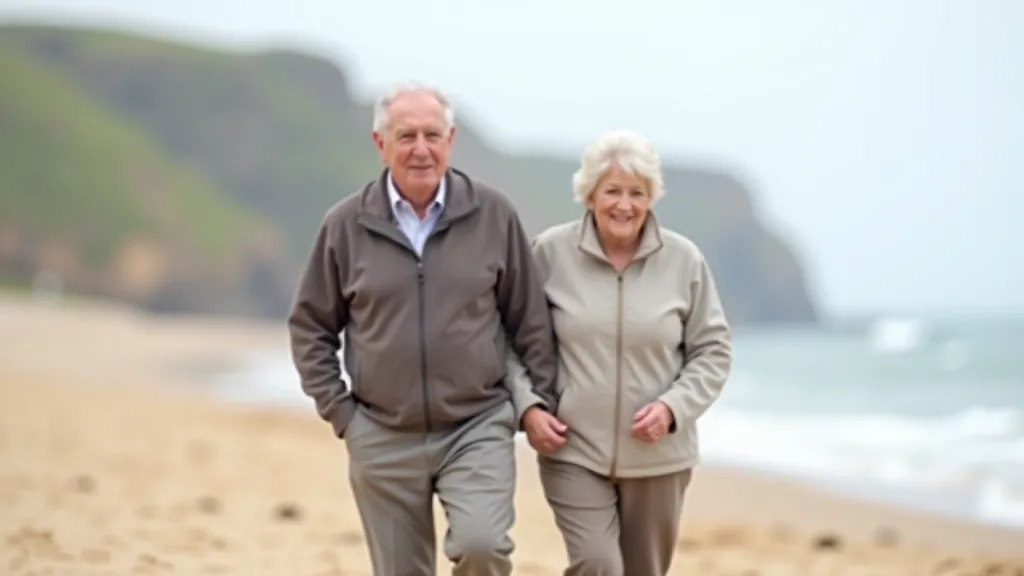 Senior couple enjoying a leisurely walk along the Tramore promenade on a sunny day