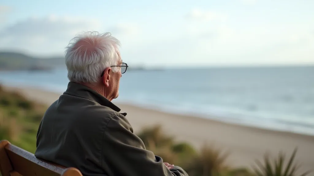 Senior man sitting and relaxing at one of the coastal benches with a view of the sea
