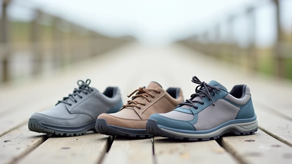 Display of three different walking shoe styles arranged on coastal pathway