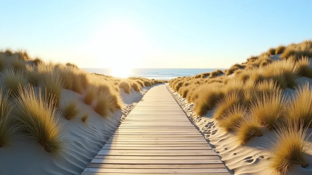 Wooden boardwalk winding through natural dune vegetation at Tramore
